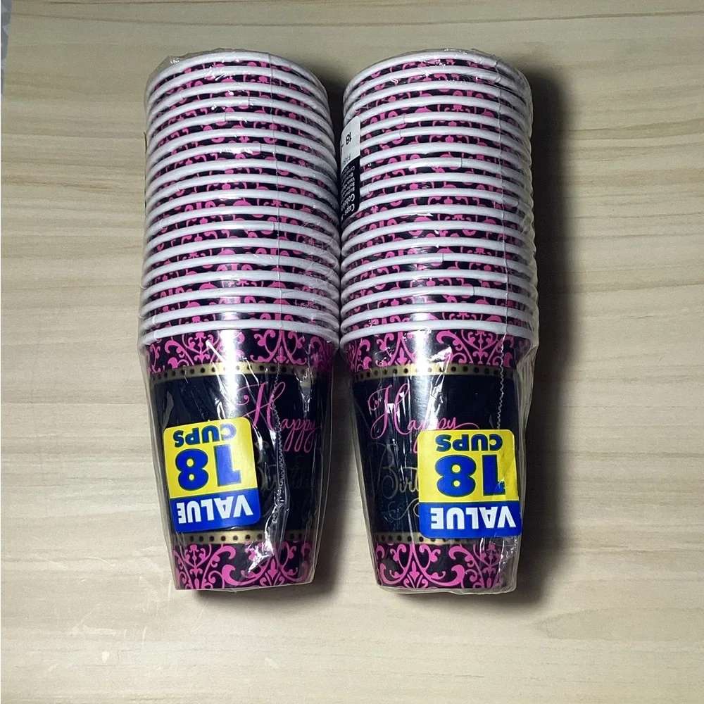 Black and Pink Happy Birthday Plates, Napkins, and Cups Set